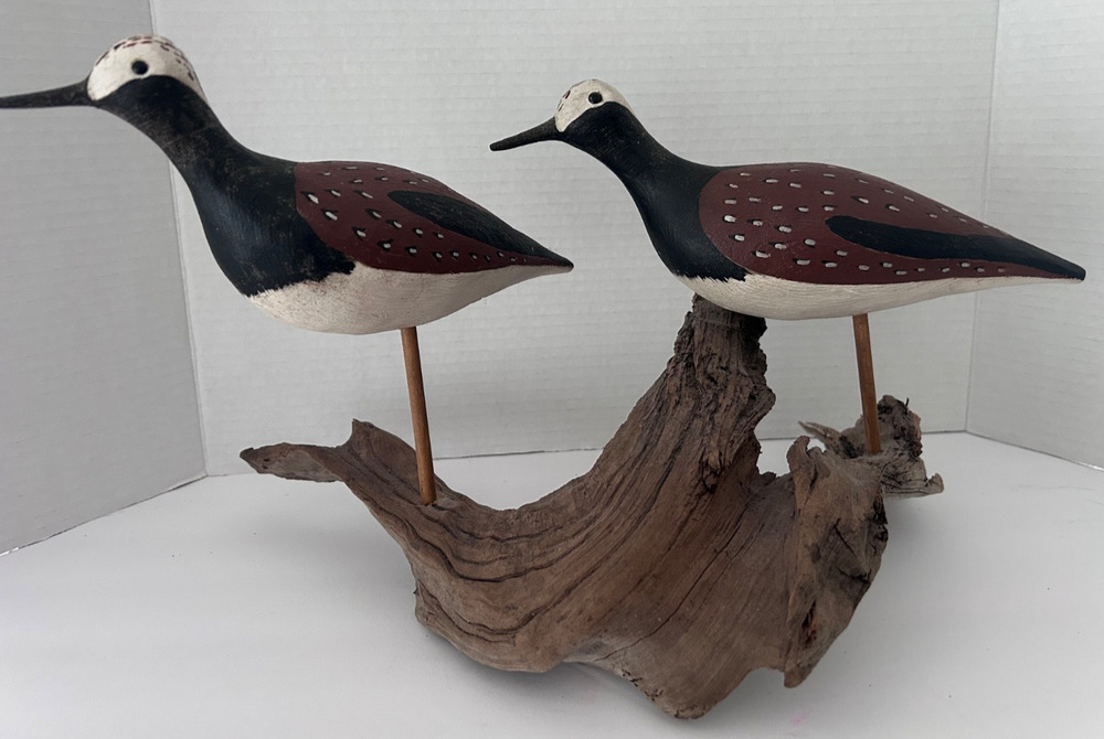 Signed Hand Carved & Painted Shorebird Couple on Driftwood Base